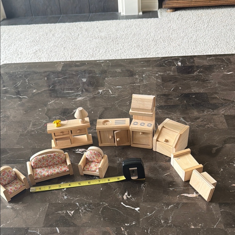 Miniature Wooden Dollhouse Furniture Set with Floral Sofa